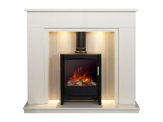 Acantha Larissa White & Grey Marble Stove Fireplace with Downlights & Keston Electric Stove in Black