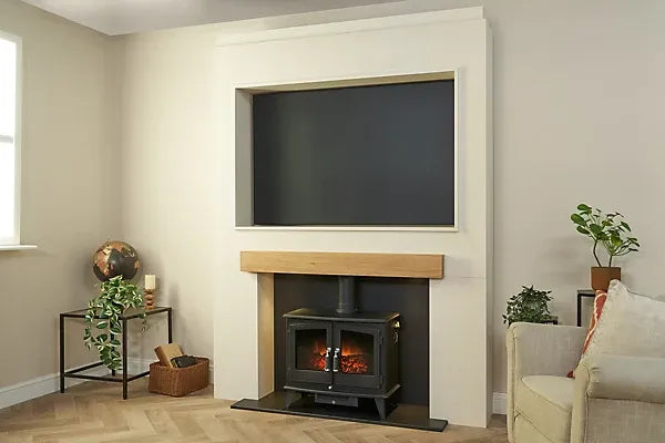 Acantha Pre-Built Stove Media Wall 2 with TV Recess & Woodhouse Electric Stove in Black