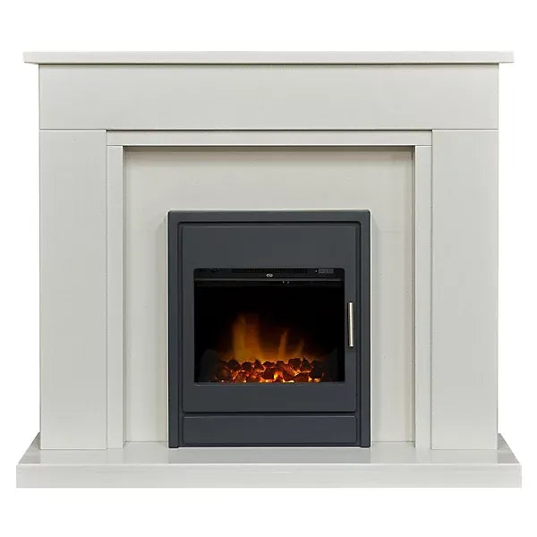 Acantha Maine White Marble Fireplace With Downlights & Alta Electric Inset Stove in Black, 48 inch