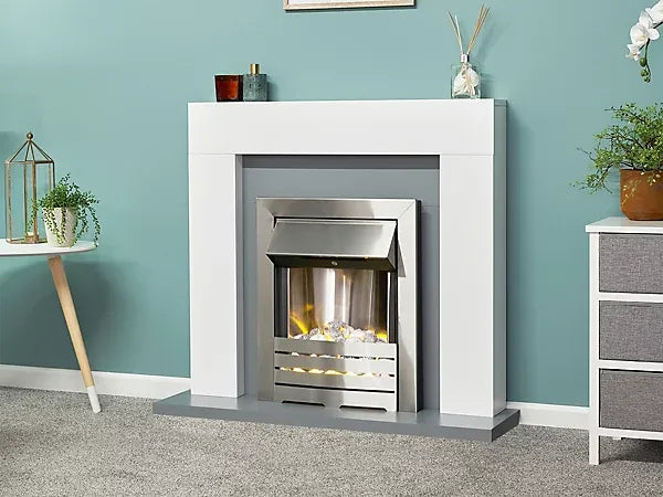 Adam Dakota Fireplace in Pure White & Grey with Helios Electric Fire in Brushed Steel, 39 Inch