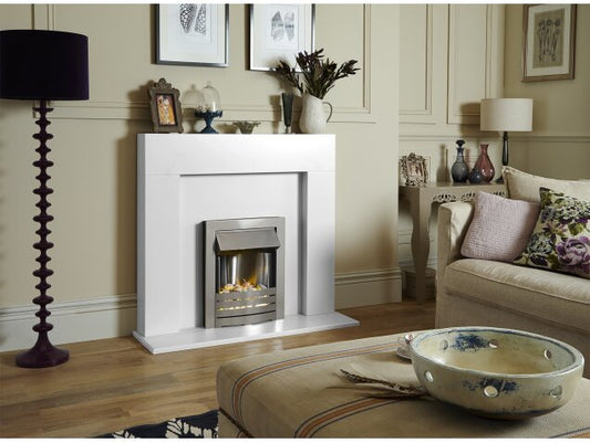 Adam Miami Fireplace in Pure White with Helios Electric Fire in Brushed Steel, 48 Inch