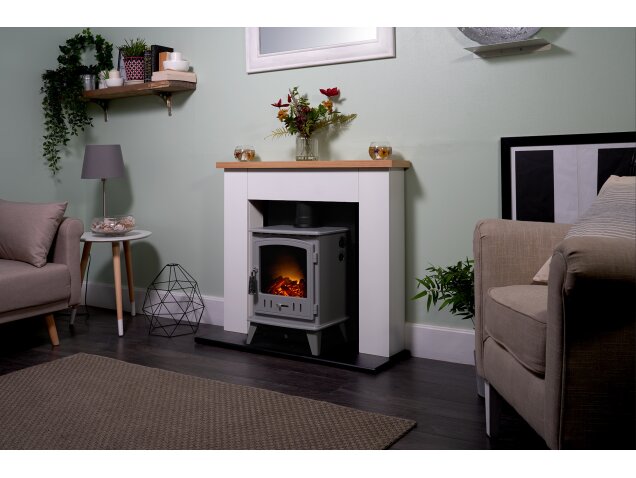 Adam Chester Stove Suite in Pure White with Aviemore Electric Stove in Grey Enamel, 39 Inch