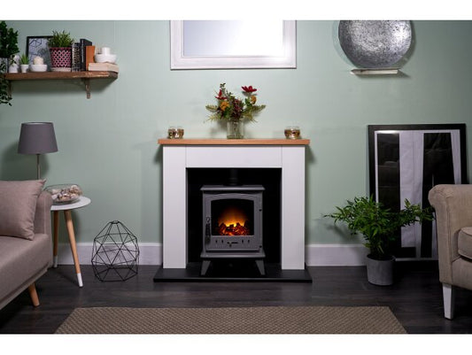 Adam Chester Stove Suite in Pure White with Aviemore Electric Stove in Grey Enamel, 39 Inch