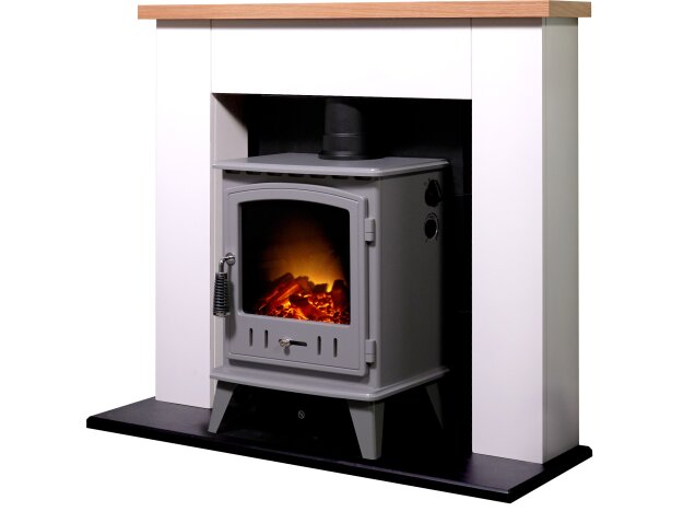Adam Chester Stove Suite in Pure White with Aviemore Electric Stove in Grey Enamel, 39 Inch