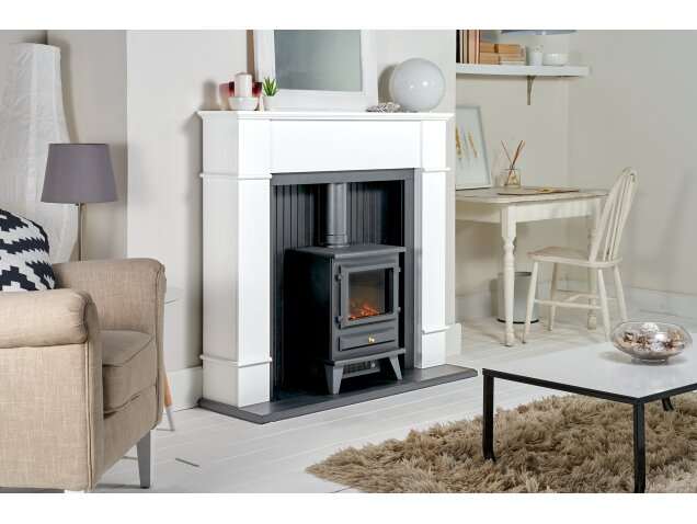 Adam Oxford white fireplace with black Hudson electric stove in modern living room.