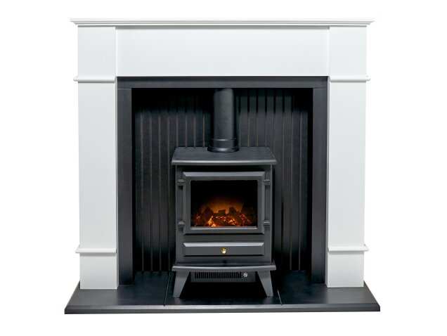 Adam Oxford white fireplace with black electric stove, featuring LED flame effect and log fuel bed.