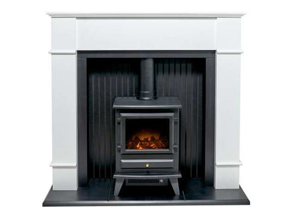 Adam Oxford white fireplace with black electric stove, featuring LED flame effect and log fuel bed.