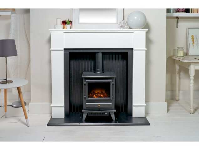 Adam Oxford White Fireplace with Black Hudson Electric Stove, featuring LED flame and log effect.