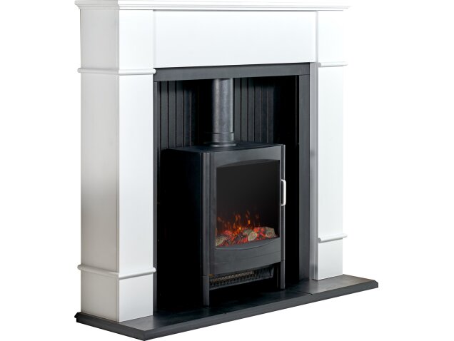 Adam Oxford Stove Suite in Pure White with Sureflame Keston Electric Stove in Black-48Inch