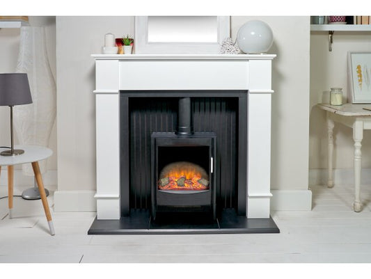 Adam Oxford Stove Suite in Pure White with Sureflame Keston Electric Stove in Black-48Inch