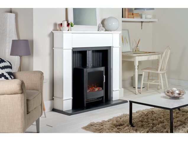 Adam Oxford Stove Suite in Pure White with Sureflame Keston Electric Stove in Black-48Inch