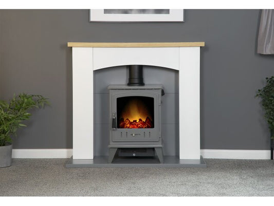 Adam Huxley in Pure White & Grey with Aviemore Electric Stove in Grey Enamel, 39 Inch