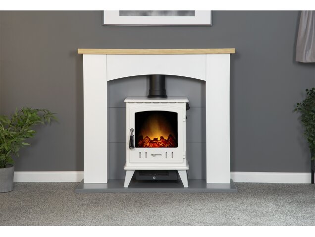 Adam Huxley in Pure White & Grey with Aviemore Electric Stove in White Enamel, 39 Inch