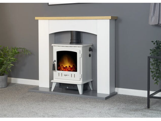 Adam Huxley in Pure White & Grey with Aviemore Electric Stove in White Enamel, 39 Inch