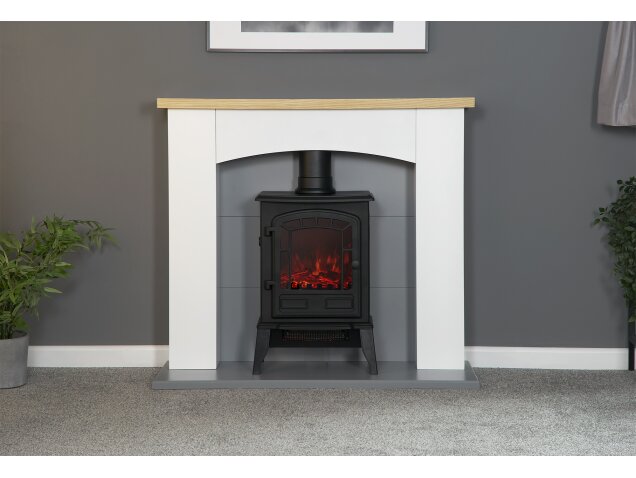 Adam Huxley in Pure White & Grey with Sureflame Ripon Electric Stove in Black, 39 Inch