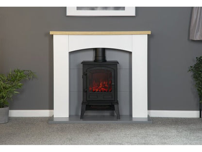 Adam Huxley in Pure White & Grey with Sureflame Ripon Electric Stove in Black, 39 Inch