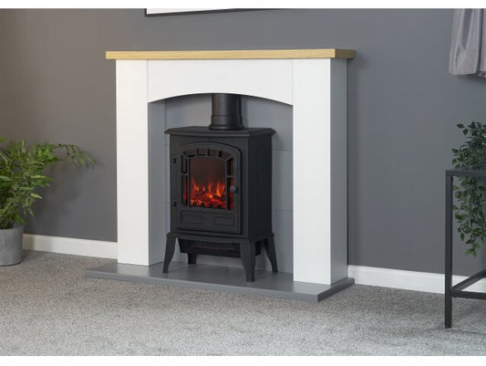 Adam Huxley in Pure White & Grey with Sureflame Ripon Electric Stove in Black, 39 Inch