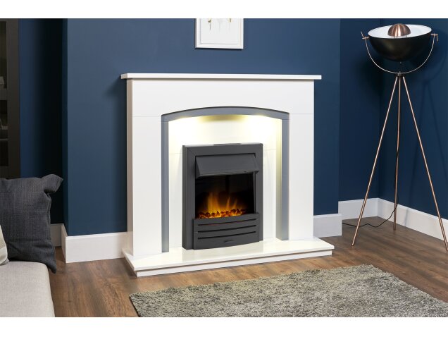 Adam Tuscany Fireplace in Pure White & Grey with Eclipse Electric Fire in Black, 48 Inch