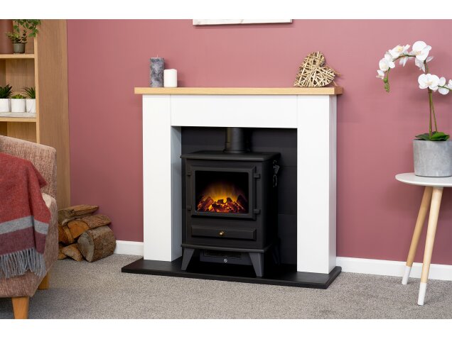 Adam Chester Fireplace in Pure White with Hudson Electric Stove in Black, 39 Inch