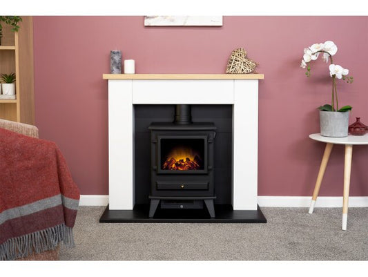 Adam Chester Fireplace in Pure White with Hudson Electric Stove in Black, 39 Inch