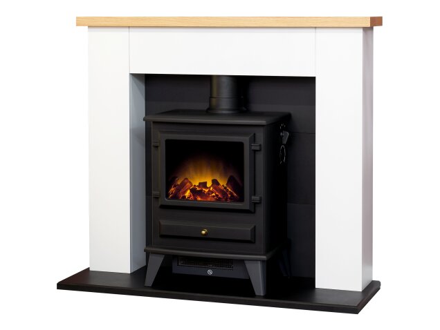 Adam Chester Fireplace in Pure White with Hudson Electric Stove in Black, 39 Inch