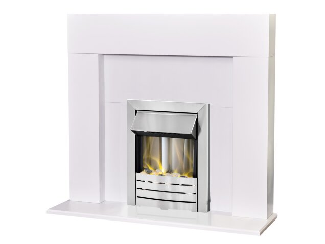 Adam Miami Fireplace in Pure White with Helios Electric Fire in Brushed Steel, 48 Inch