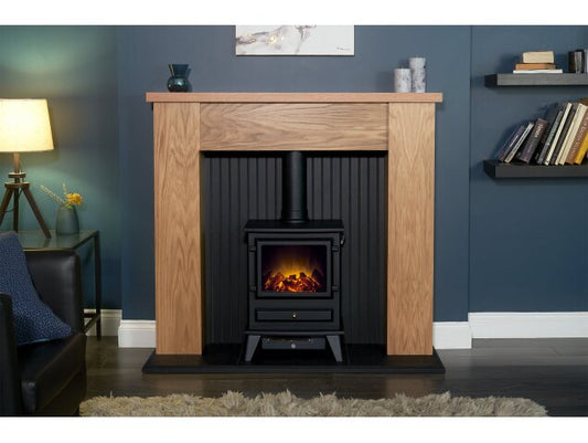 Adam New England Stove Fireplace in Oak & Black with Hudson Electric Stove in Black, 48 Inch