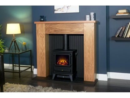 Adam New England Stove Fireplace in Oak & Black with Hudson Electric Stove in Black, 48 Inch