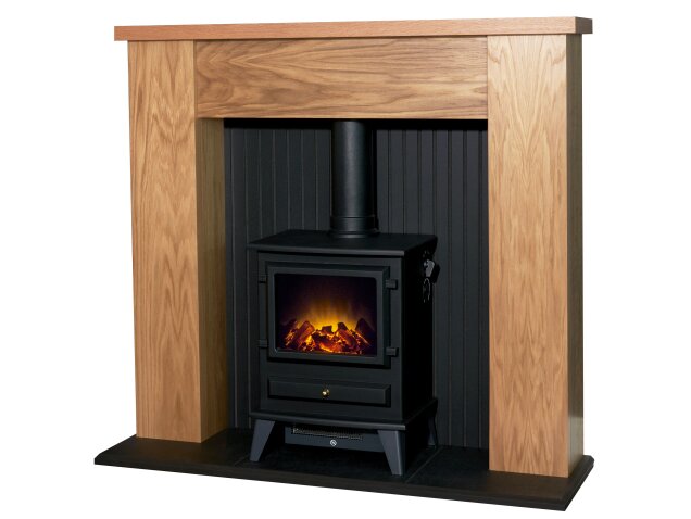 Adam New England Stove Fireplace in Oak & Black with Hudson Electric Stove in Black, 48 Inch
