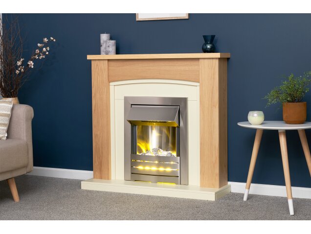 Adam Chilton Fireplace in Oak & Cream with Helios Electric Fire in Brushed Steel-39 Inch