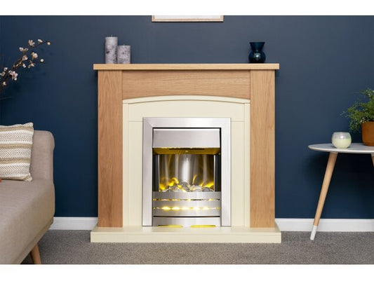 Adam Chilton Fireplace in Oak & Cream with Helios Electric Fire in Brushed Steel-39 Inch