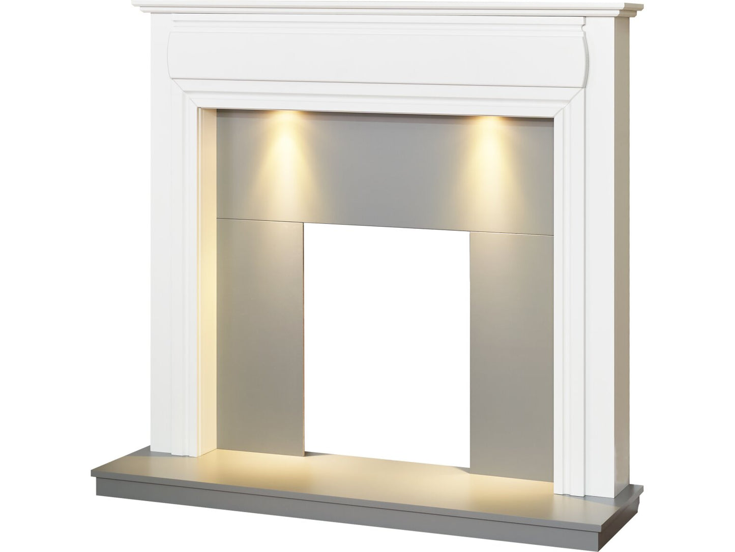 Adam Honley Fireplace in Pure White &amp; Grey with Downlights, 48 Inch