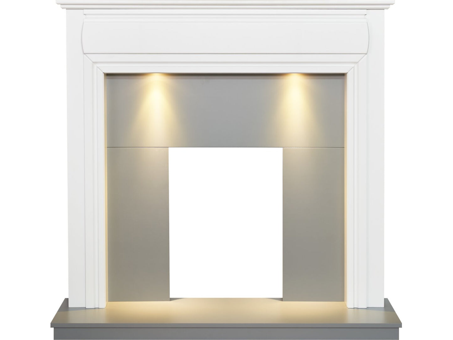 Adam Honley Fireplace in Pure White &amp; Grey with Downlights, 48 Inch
