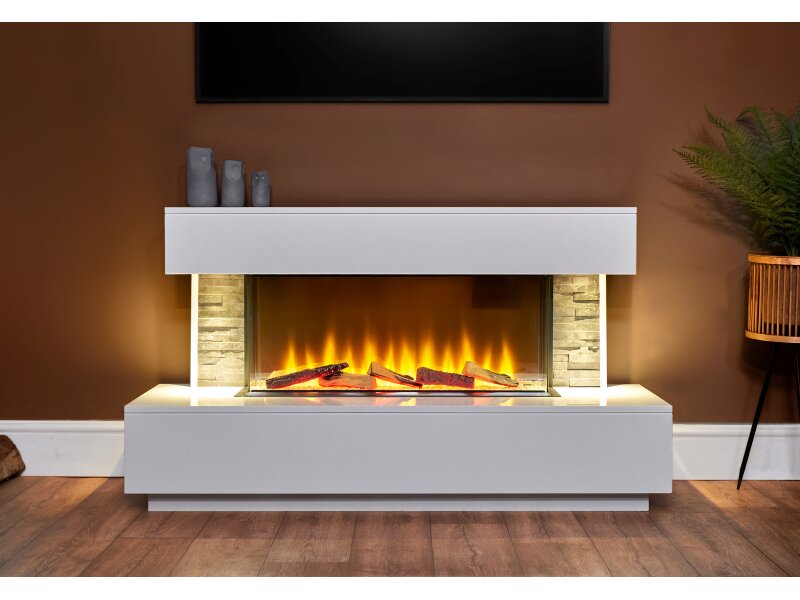 Acantha Aspen White Marble Fireplace Suite with Grey Slate Sides Downlights, 50 Inch
