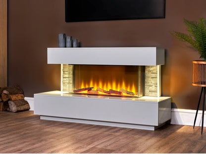Acantha Aspen White Marble Fireplace Suite with Grey Slate Sides Downlights, 50 Inch