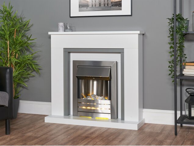 Adam Milan Fireplace in Pure White & Grey with Helios Electric Fire in Brushed Steel, 39 Inch