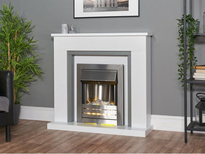 Adam Milan Fireplace in Pure White & Grey with Helios Electric Fire in Brushed Steel, 39 Inch