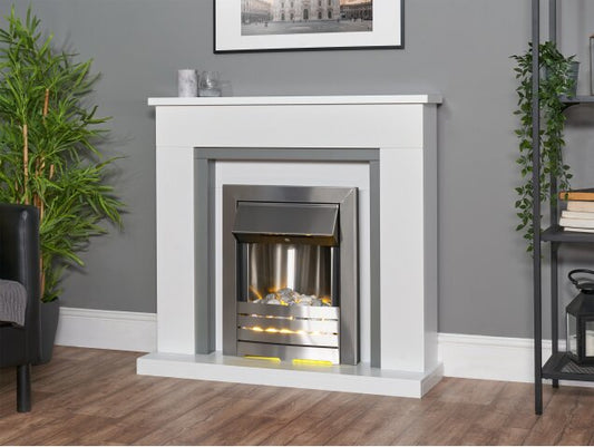 Adam Milan Fireplace in Pure White & Grey with Helios Electric Fire in Brushed Steel, 39 Inch
