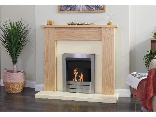 Adam New England Fireplace in Oak & Cream with Colorado Bio Ethanol Fire in Brushed Steel, 48 Inch