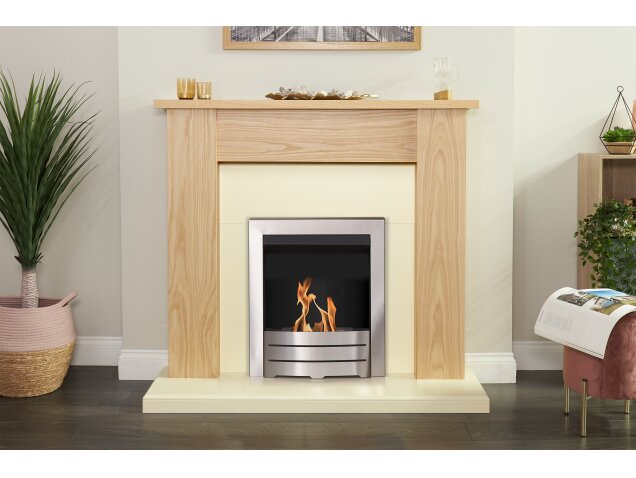 Adam New England Fireplace in Oak & Cream with Colorado Bio Ethanol Fire in Brushed Steel, 48 Inch