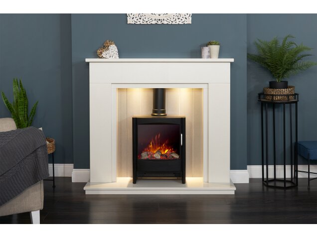 Acantha Larissa White & Grey Marble Stove Fireplace with Downlights & Keston Electric Stove in Black