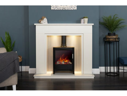 Acantha Larissa White & Grey Marble Stove Fireplace with Downlights & Keston Electric Stove in Black