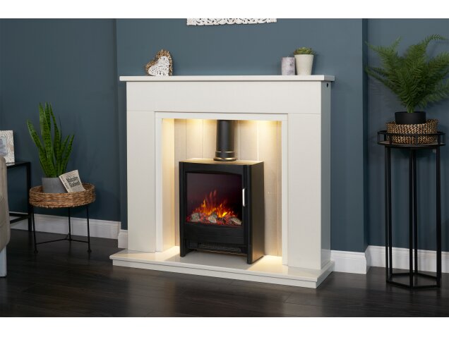 Acantha Larissa White & Grey Marble Stove Fireplace with Downlights & Keston Electric Stove in Black