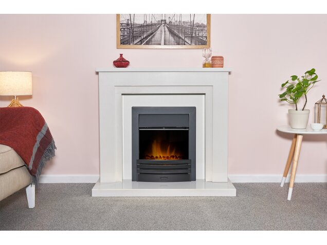 Acantha Dallas White Marble Fireplace with Downlights & Eclipse Electric Fire in Black, 42 Inch