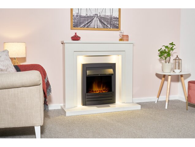 Acantha Dallas White Marble Fireplace with Downlights & Eclipse Electric Fire in Black, 42 Inch