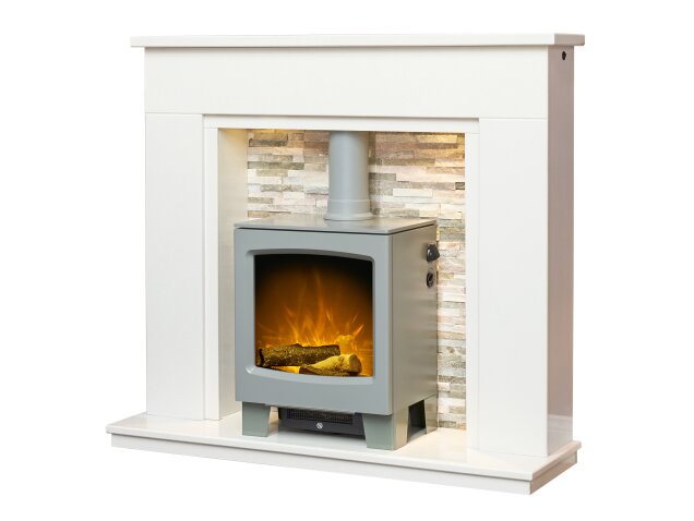 Acantha Amalfi White Marble Fireplace with Downlights & Lunar Electric Stove in Grey 48 Inch