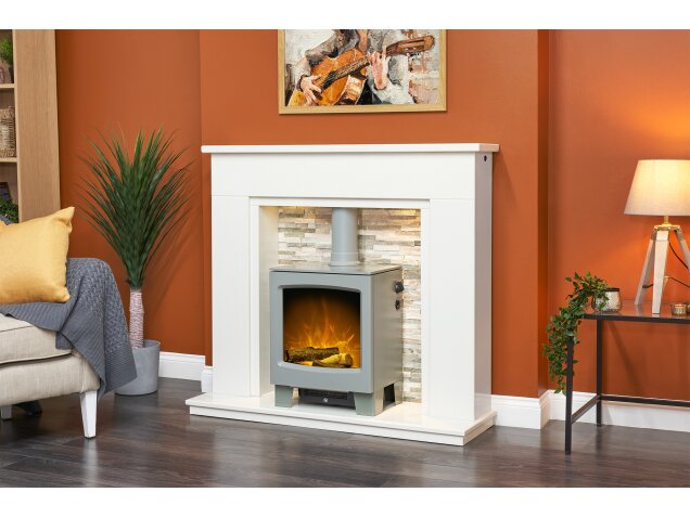 Acantha Amalfi White Marble Fireplace with Downlights & Lunar Electric Stove in Grey 48 Inch