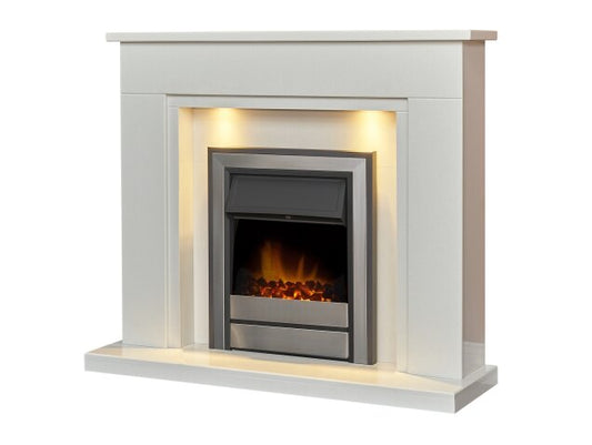 Acantha Maine White Marble Fireplace with Downlights & Argo Electric Fire in Brushed Steel 48 Inch