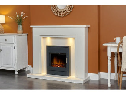 Acantha Maine White Marble Fireplace with Downlights & Alta Electric Inset Stove in Black