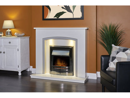 Acantha Calella White Marble Fireplace with Downlights & Vela Electric Fire in Black Nickel, 48 Inch